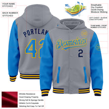 Load image into Gallery viewer, Custom Gray Powder Blue Gold-Navy Bomber Full-Snap Varsity Letterman Two Tone Hoodie Jacket
