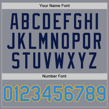 Load image into Gallery viewer, Custom Gray Powder Blue Gold-Navy Bomber Full-Snap Varsity Letterman Two Tone Hoodie Jacket
