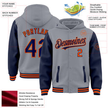 Load image into Gallery viewer, Custom Gray Navy-Orange Bomber Full-Snap Varsity Letterman Two Tone Hoodie Jacket
