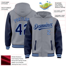 Load image into Gallery viewer, Custom Gray Navy-Light Blue Bomber Full-Snap Varsity Letterman Two Tone Hoodie Jacket
