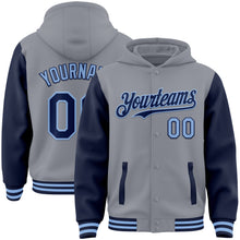 Load image into Gallery viewer, Custom Gray Navy-Light Blue Bomber Full-Snap Varsity Letterman Two Tone Hoodie Jacket

