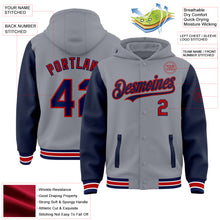 Load image into Gallery viewer, Custom Gray Navy-Red Bomber Full-Snap Varsity Letterman Two Tone Hoodie Jacket
