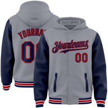 Load image into Gallery viewer, Custom Gray Navy-Red Bomber Full-Snap Varsity Letterman Two Tone Hoodie Jacket
