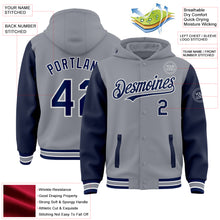 Load image into Gallery viewer, Custom Gray Navy-White Bomber Full-Snap Varsity Letterman Two Tone Hoodie Jacket
