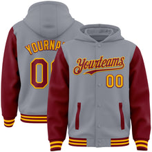 Load image into Gallery viewer, Custom Gray Crimson-Gold Bomber Full-Snap Varsity Letterman Two Tone Hoodie Jacket
