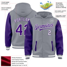 Load image into Gallery viewer, Custom Gray Purple-White Bomber Full-Snap Varsity Letterman Two Tone Hoodie Jacket
