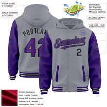 Load image into Gallery viewer, Custom Gray Purple-Black Bomber Full-Snap Varsity Letterman Two Tone Hoodie Jacket

