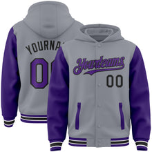 Load image into Gallery viewer, Custom Gray Purple-Black Bomber Full-Snap Varsity Letterman Two Tone Hoodie Jacket
