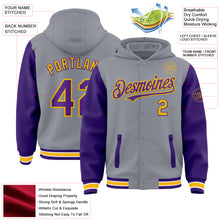Load image into Gallery viewer, Custom Gray Purple-Gold Bomber Full-Snap Varsity Letterman Two Tone Hoodie Jacket
