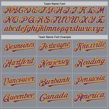 Load image into Gallery viewer, Custom Gray Purple-Gold Bomber Full-Snap Varsity Letterman Two Tone Hoodie Jacket
