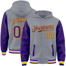 Load image into Gallery viewer, Custom Gray Purple-Gold Bomber Full-Snap Varsity Letterman Two Tone Hoodie Jacket
