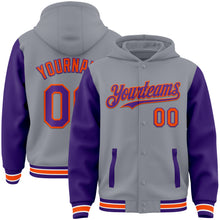 Load image into Gallery viewer, Custom Gray Purple-Orange Bomber Full-Snap Varsity Letterman Two Tone Hoodie Jacket
