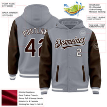 Load image into Gallery viewer, Custom Gray Brown-White Bomber Full-Snap Varsity Letterman Two Tone Hoodie Jacket
