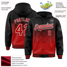 Load image into Gallery viewer, Custom Black Red-White Gradient Square Shape 3D Pattern Design Bomber Full-Snap Varsity Letterman Hoodie Jacket
