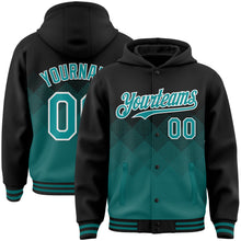 Load image into Gallery viewer, Custom Black Teal-White Gradient Square Shape 3D Pattern Design Bomber Full-Snap Varsity Letterman Hoodie Jacket
