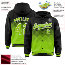 Load image into Gallery viewer, Custom Black Neon Green-White Gradient Square Shape 3D Pattern Design Bomber Full-Snap Varsity Letterman Hoodie Jacket
