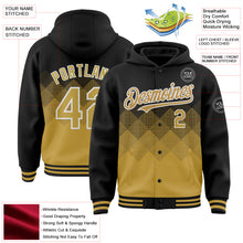Load image into Gallery viewer, Custom Black Old Gold-White Gradient Square Shape 3D Pattern Design Bomber Full-Snap Varsity Letterman Hoodie Jacket
