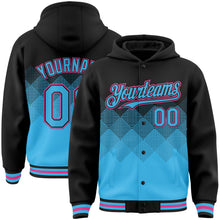 Load image into Gallery viewer, Custom Black Sky Blue-Pink Gradient Square Shape 3D Pattern Design Bomber Full-Snap Varsity Letterman Hoodie Jacket
