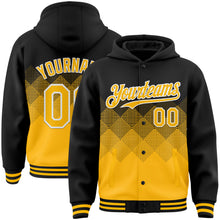 Load image into Gallery viewer, Custom Black Gold-White Gradient Square Shape 3D Pattern Design Bomber Full-Snap Varsity Letterman Hoodie Jacket
