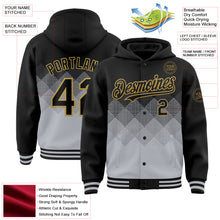 Load image into Gallery viewer, Custom Black Gray-Old Gold Gradient Square Shape 3D Pattern Design Bomber Full-Snap Varsity Letterman Hoodie Jacket

