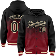 Load image into Gallery viewer, Custom Black Maroon-Cream Gradient Square Shape 3D Pattern Design Bomber Full-Snap Varsity Letterman Hoodie Jacket
