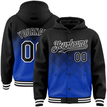 Load image into Gallery viewer, Custom Black Thunder Blue-White Gradient Square Shape 3D Pattern Design Bomber Full-Snap Varsity Letterman Hoodie Jacket
