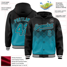 Load image into Gallery viewer, Custom Black Teal-White Gradient Square Shape 3D Pattern Design Bomber Full-Snap Varsity Letterman Hoodie Jacket
