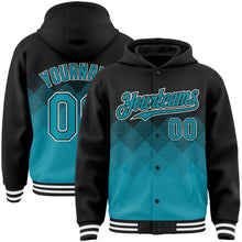 Load image into Gallery viewer, Custom Black Teal-White Gradient Square Shape 3D Pattern Design Bomber Full-Snap Varsity Letterman Hoodie Jacket
