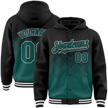 Load image into Gallery viewer, Custom Black Midnight Green-White Gradient Square Shape 3D Pattern Design Bomber Full-Snap Varsity Letterman Hoodie Jacket
