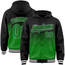 Load image into Gallery viewer, Custom Black Grass Green-White Gradient Square Shape 3D Pattern Design Bomber Full-Snap Varsity Letterman Hoodie Jacket
