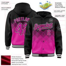 Load image into Gallery viewer, Custom Black Deep Pink-White Gradient Square Shape 3D Pattern Design Bomber Full-Snap Varsity Letterman Hoodie Jacket

