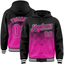Load image into Gallery viewer, Custom Black Deep Pink-White Gradient Square Shape 3D Pattern Design Bomber Full-Snap Varsity Letterman Hoodie Jacket
