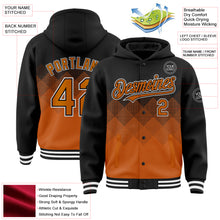 Load image into Gallery viewer, Custom Black Texas Orange-White Gradient Square Shape 3D Pattern Design Bomber Full-Snap Varsity Letterman Hoodie Jacket
