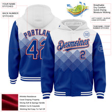 Load image into Gallery viewer, Custom White Royal-Red Gradient Square Shape 3D Pattern Design Bomber Full-Snap Varsity Letterman Hoodie Jacket
