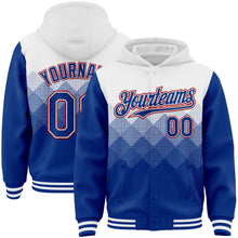 Load image into Gallery viewer, Custom White Royal-Red Gradient Square Shape 3D Pattern Design Bomber Full-Snap Varsity Letterman Hoodie Jacket
