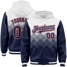 Load image into Gallery viewer, Custom White Navy-Red Gradient Square Shape 3D Pattern Design Bomber Full-Snap Varsity Letterman Hoodie Jacket
