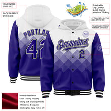Load image into Gallery viewer, Custom White Dark Purple-Black Gradient Square Shape 3D Pattern Design Bomber Full-Snap Varsity Letterman Hoodie Jacket
