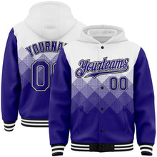 Load image into Gallery viewer, Custom White Dark Purple-Black Gradient Square Shape 3D Pattern Design Bomber Full-Snap Varsity Letterman Hoodie Jacket

