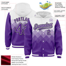 Load image into Gallery viewer, Custom White Purple-Black Gradient Square Shape 3D Pattern Design Bomber Full-Snap Varsity Letterman Hoodie Jacket
