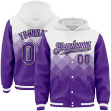 Load image into Gallery viewer, Custom White Purple-Black Gradient Square Shape 3D Pattern Design Bomber Full-Snap Varsity Letterman Hoodie Jacket
