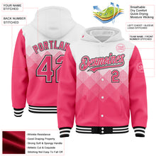 Load image into Gallery viewer, Custom White Neon Pink-Black Gradient Square Shape 3D Pattern Design Bomber Full-Snap Varsity Letterman Hoodie Jacket
