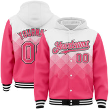 Load image into Gallery viewer, Custom White Neon Pink-Black Gradient Square Shape 3D Pattern Design Bomber Full-Snap Varsity Letterman Hoodie Jacket
