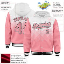 Load image into Gallery viewer, Custom White Medium Pink-Black Gradient Square Shape 3D Pattern Design Bomber Full-Snap Varsity Letterman Hoodie Jacket
