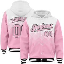 Load image into Gallery viewer, Custom White Light Pink-Black Gradient Square Shape 3D Pattern Design Bomber Full-Snap Varsity Letterman Hoodie Jacket
