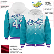 Load image into Gallery viewer, Custom White Teal-Purple Gradient Square Shape 3D Pattern Design Bomber Full-Snap Varsity Letterman Hoodie Jacket
