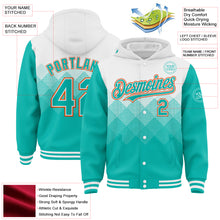 Load image into Gallery viewer, Custom White Aqua-Orange Gradient Square Shape 3D Pattern Design Bomber Full-Snap Varsity Letterman Hoodie Jacket

