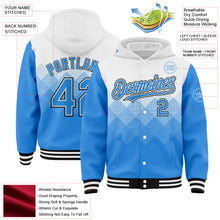 Load image into Gallery viewer, Custom White Powder Blue-Black Gradient Square Shape 3D Pattern Design Bomber Full-Snap Varsity Letterman Hoodie Jacket
