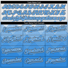 Load image into Gallery viewer, Custom White Powder Blue-Black Gradient Square Shape 3D Pattern Design Bomber Full-Snap Varsity Letterman Hoodie Jacket
