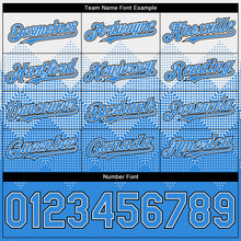 Load image into Gallery viewer, Custom White Powder Blue-Black Gradient Square Shape 3D Pattern Design Bomber Full-Snap Varsity Letterman Hoodie Jacket

