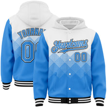 Load image into Gallery viewer, Custom White Powder Blue-Black Gradient Square Shape 3D Pattern Design Bomber Full-Snap Varsity Letterman Hoodie Jacket
